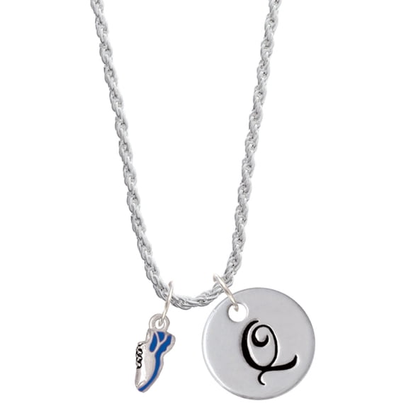 Delight Jewelry Silvertone Mini Royal Blue Running Shoe Silvertone Script Initial Disc - Q - Charm Necklace, 20"+3"