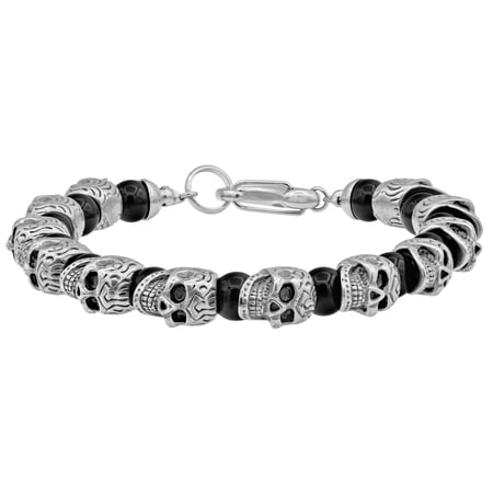 Mens Genuine Onyx Stainless Steel Skull Beaded Bracelet