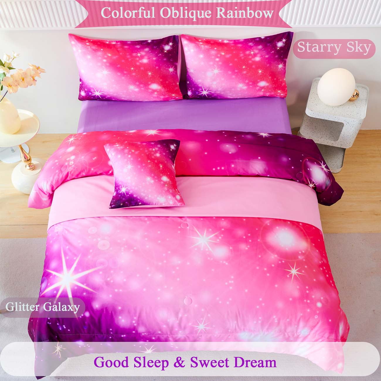 URBONUR Pink Purple Rainbow Girls Bedding Sets Full Size, 4 Pieces Gradient Glitter Comforter Set for Girls, Sparkle Galaxy Comforter Bedding Set for Toddler/Kids/Girls