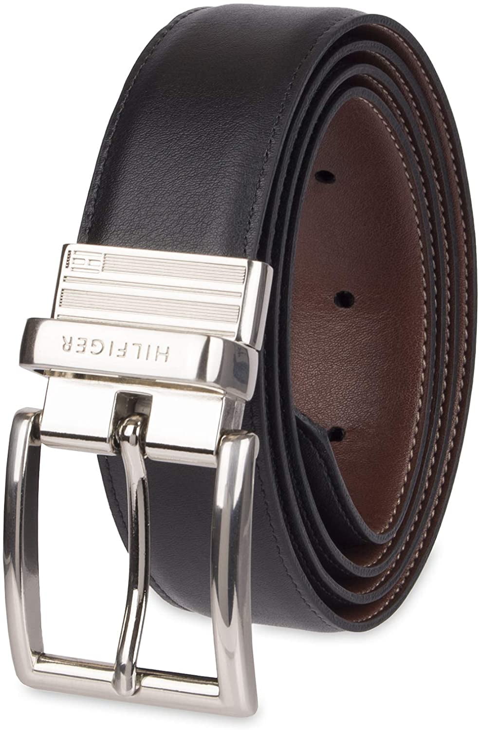 Tommy Hilfiger Men's 38MM Reversible Belt with Denim Logo Tan Blue 