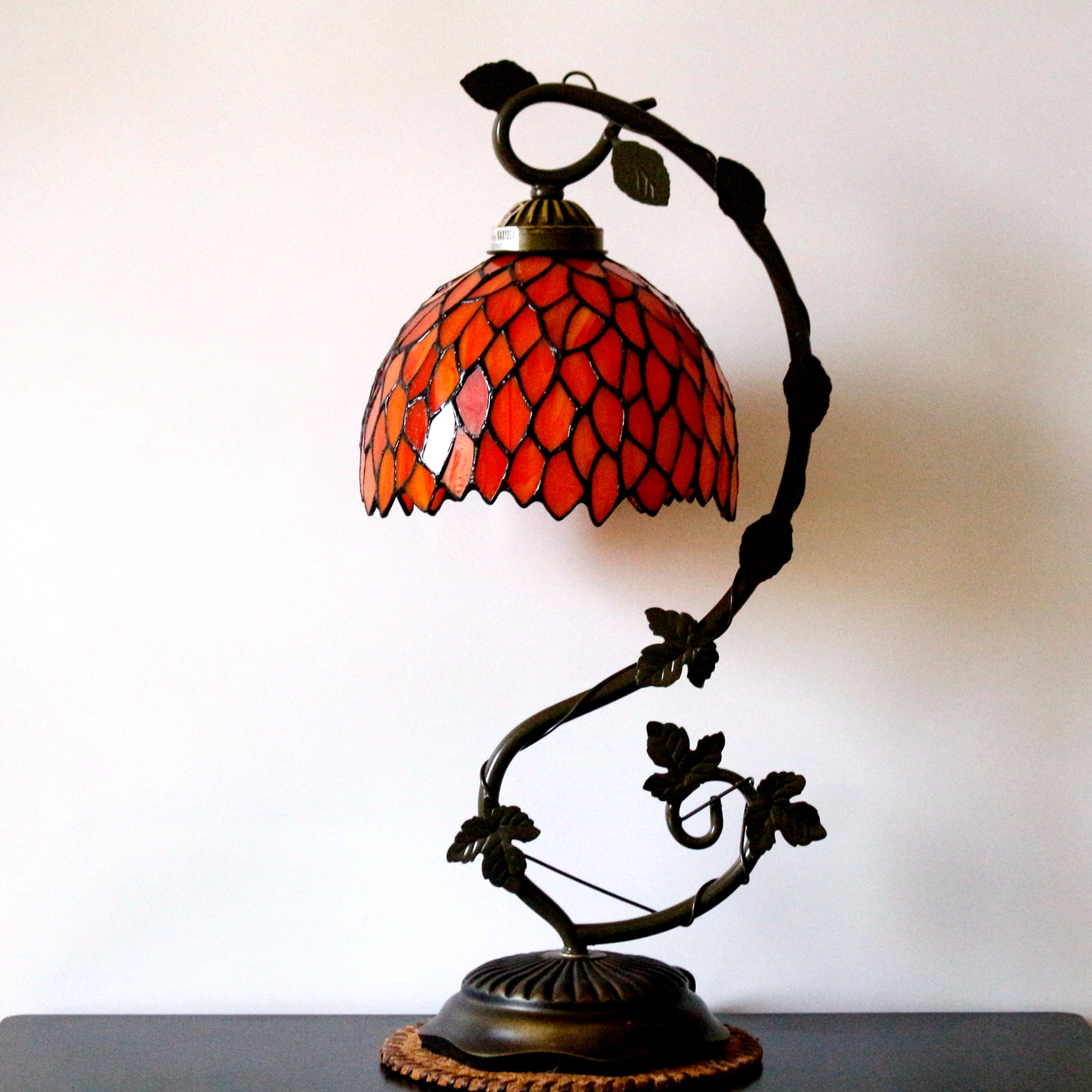 Tiffany Lamp Bedside Lamp, Stained Glass Table Lamp, Thin Antique Banker Reading Desk Light Red Wisteria Style 21" Tall Industrial Rustic Metal Leaf Base, Memory Sympathy WERFACTORY LED Bulb Included