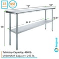 thumbnail image 3 of 18" x 72" Stainless Steel Work Table with Undershelf Food Prep NSF Utility Work Station, 3 of 9