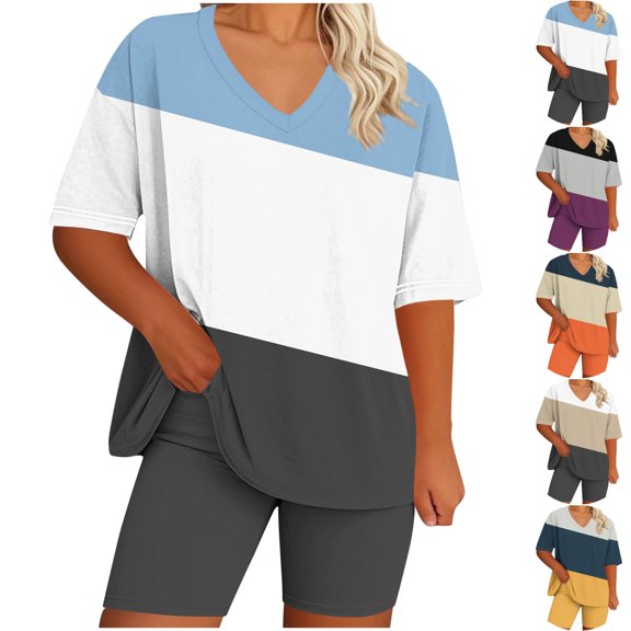 LIBRCLO Womens Suits 2 Piece Set Plus Size Lounge Set V-Neck Short Sleeved Top And Shorts Summer Home Suit