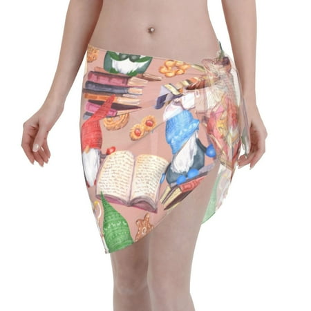 Adobk Women Beach Sarong Bathing Suit Gnomes Books Tea Cups Print Wrap Skirt Sheer Bikini Swimsuit Cover Ups For Swimwear