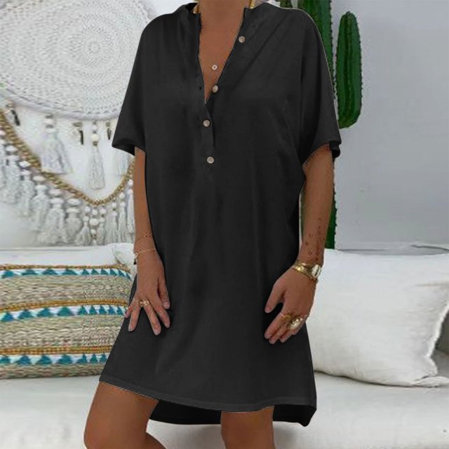 Jusqu'à 65 % de Réduction! Robes de Mode d'Été pour Femmes 2024 Grande Taille Décontractée Ample en Coton Uni Col en V Manches Courtes Robe d'Été