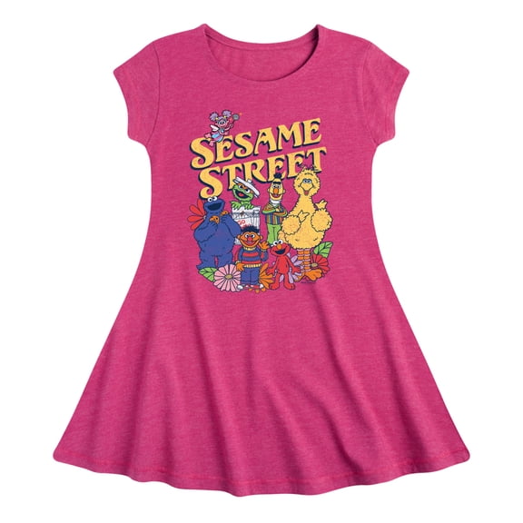 Sesame Street - SS Group Flowers - Youth Girls Fit And Flare Short Sleeve Dress