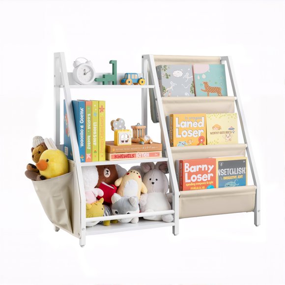 VEVOR 3-Tier Kids Bookshelf, Toy Storage Organizer for Toddler, Book Shelf for Kids Rooms with Sling Book Rack and Storage Bag, Kids Storage Book Shelves for Kids Room, Playroom, Kindergarten, Nursery