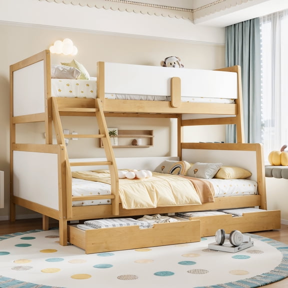 Harper & Bright Designs Twin over Full Bunk Bed with Storage Drawers, Solid Wood Bunk Bed Frame with Ladder and Support Slats, Convertible 2 Beds, White Natural
