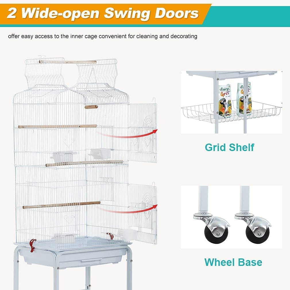NiamVelo 64-inch Metal Bird Cage with Rolling Stand & Bottom Tray, Pet Storage Shelf Parrot Cage with Open Play Top for Lovebirds & Parakeets, White