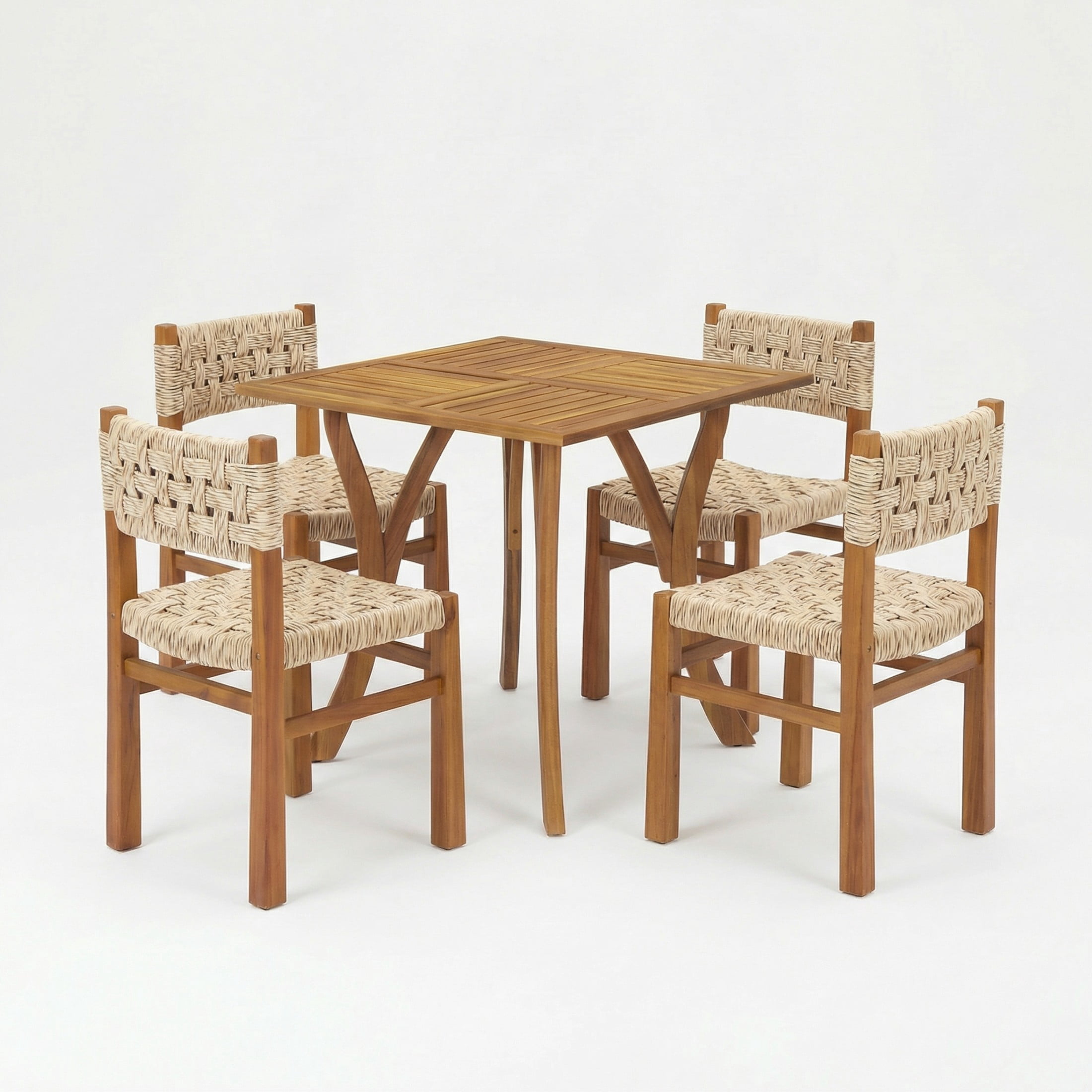Christopher Knight Home 5-Piece Outdoor Wood Dining Set, Teak Square Table and Light Gray Wicker Chairs