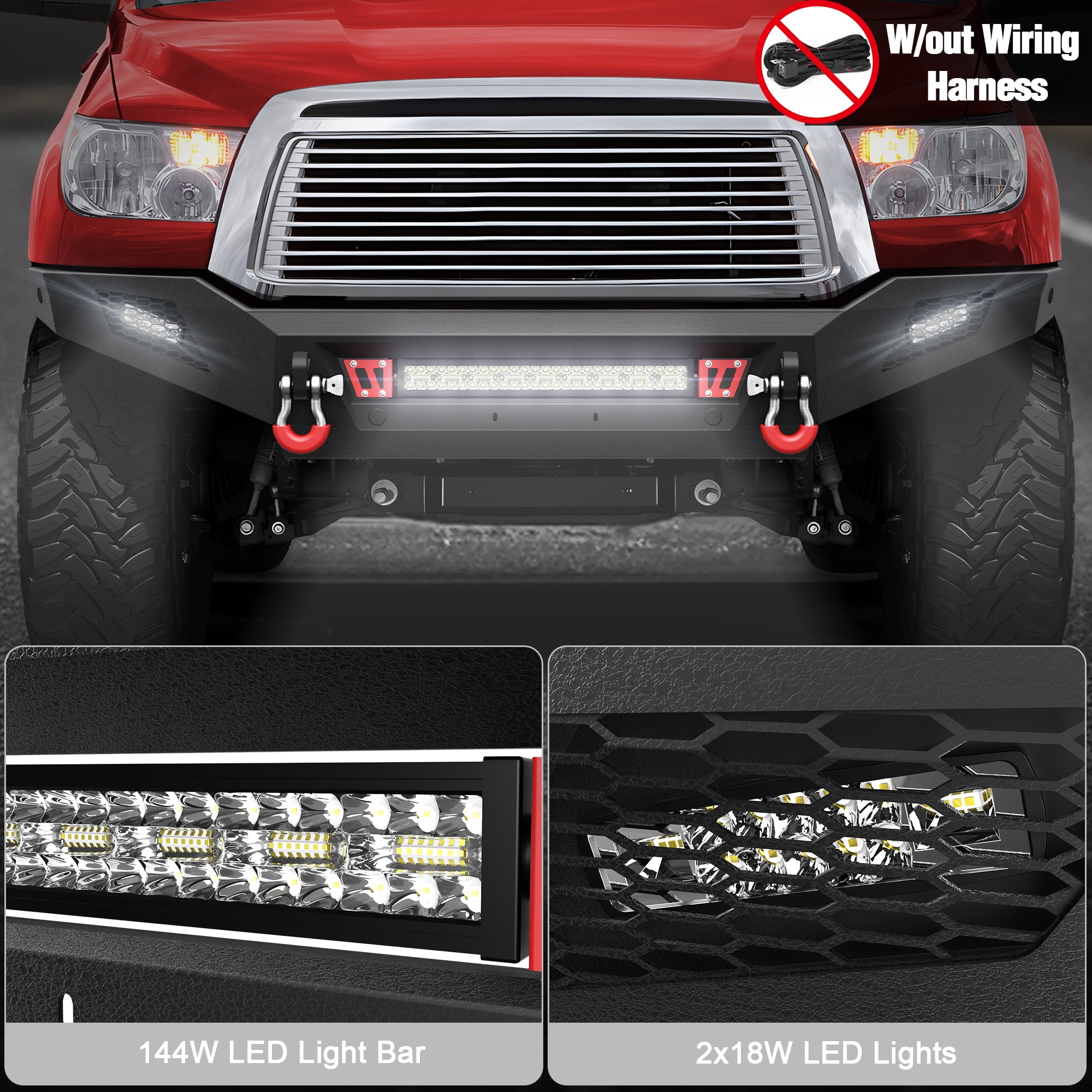 POFENZE Front Bumper for 2007-2013 Toyota Tundra Full Width Bumper w/144W Light Bar, 2x18w Lights