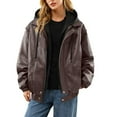 thumbnail image 6 of SwiftWear Women's Faux Leather Hooded Jacket Zip Up Moto Coat Trendy Casual Two Pocket Waterproof Windproof PU Vintage Bomber Hoodie, Coffee, 6 of 9