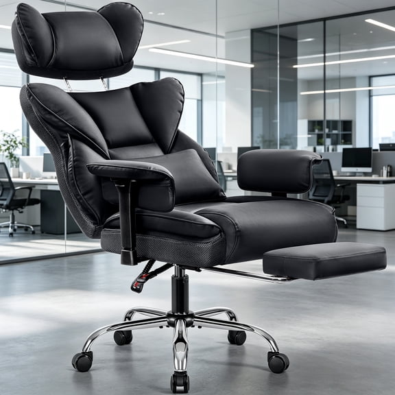 COOLHUT Big and Tall PU Leather Office Chair with Adjustable Headrest & Footrest, Executive Computer Desk Chair with 3D Adjustable Padded Armrest, Ergonomic Office Chair with Lumbar Support, Black
