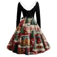 thumbnail image 4 of Women's Fashion Round Neck Casual Slim Christmas Printed Long Sleeve Dresses, V-Neck, Plush Christmas Tree Print, Audrey Dress, Retro Style, Party Wear,Wine,M, 4 of 5