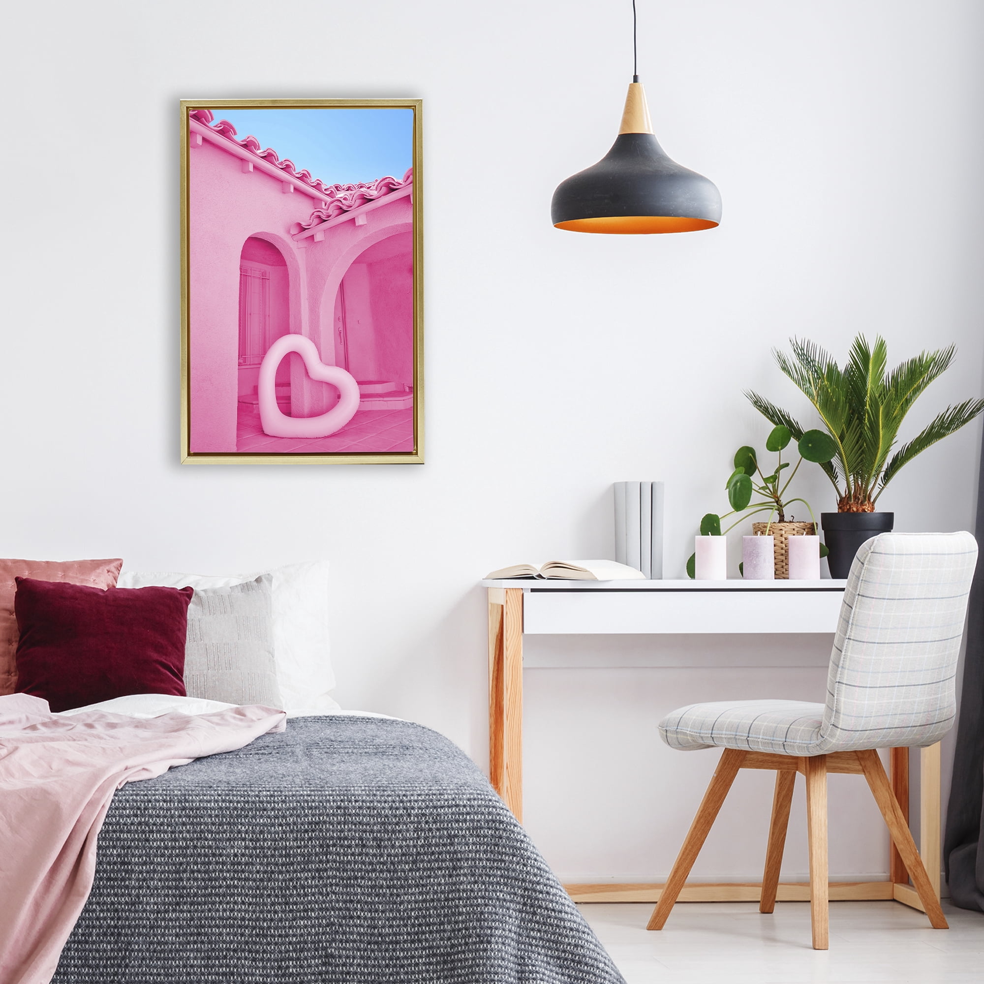 Stupell Industries Pink Pop Heart at Villa Gold Framed Floater Canvas Wall Art, design by LISH Creative