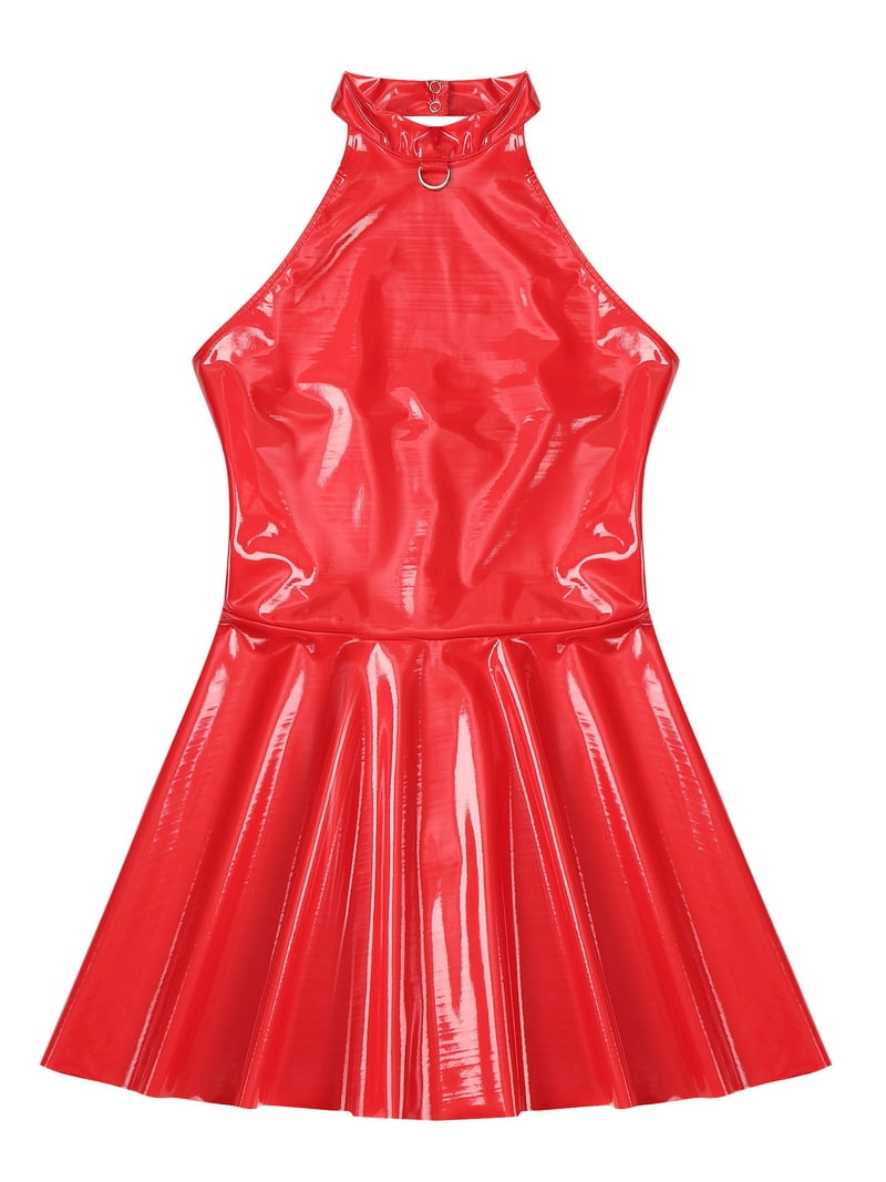 TiaoBug Womens Wet Look Patent Leather Dress Sleeveless Halter A-line  Cocktail Club Mini Dress Red M - Walmart.com