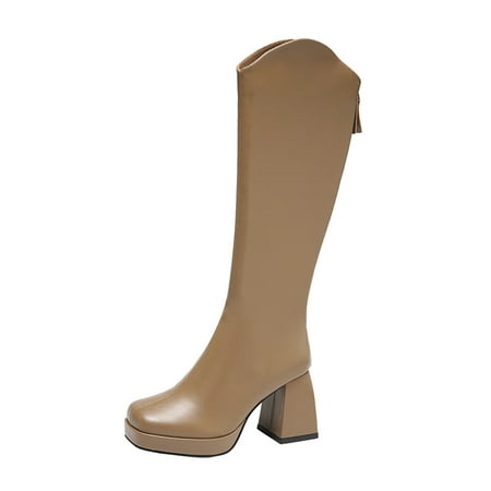 

Ladies Casual Comfort Boots Shoes Ladies Fashion Solid Color Leather Square Toe Back Zip High Heel Boots