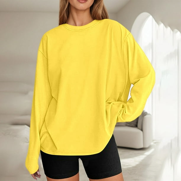 MHFRRA Camiseta de Manga Larga Oversize de Moda, Informal, Básica, con Cuello Redondo, para Uso Diario. Amarillo