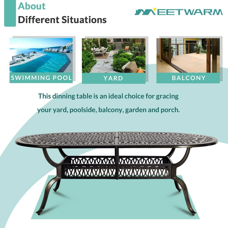 MEETWARM 84 Oval Patio Dining Table All Weather Cast Aluminum Dark Bronze Fits 6 8 Person 2.2 Umbrella Hole Walmart
