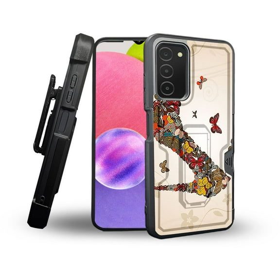 ANJ  Rugged Shockproof Holster Case Card Slot Kickstand   Tempered Glass Cover for Samsung Galaxy A03s - Butterfly Heels