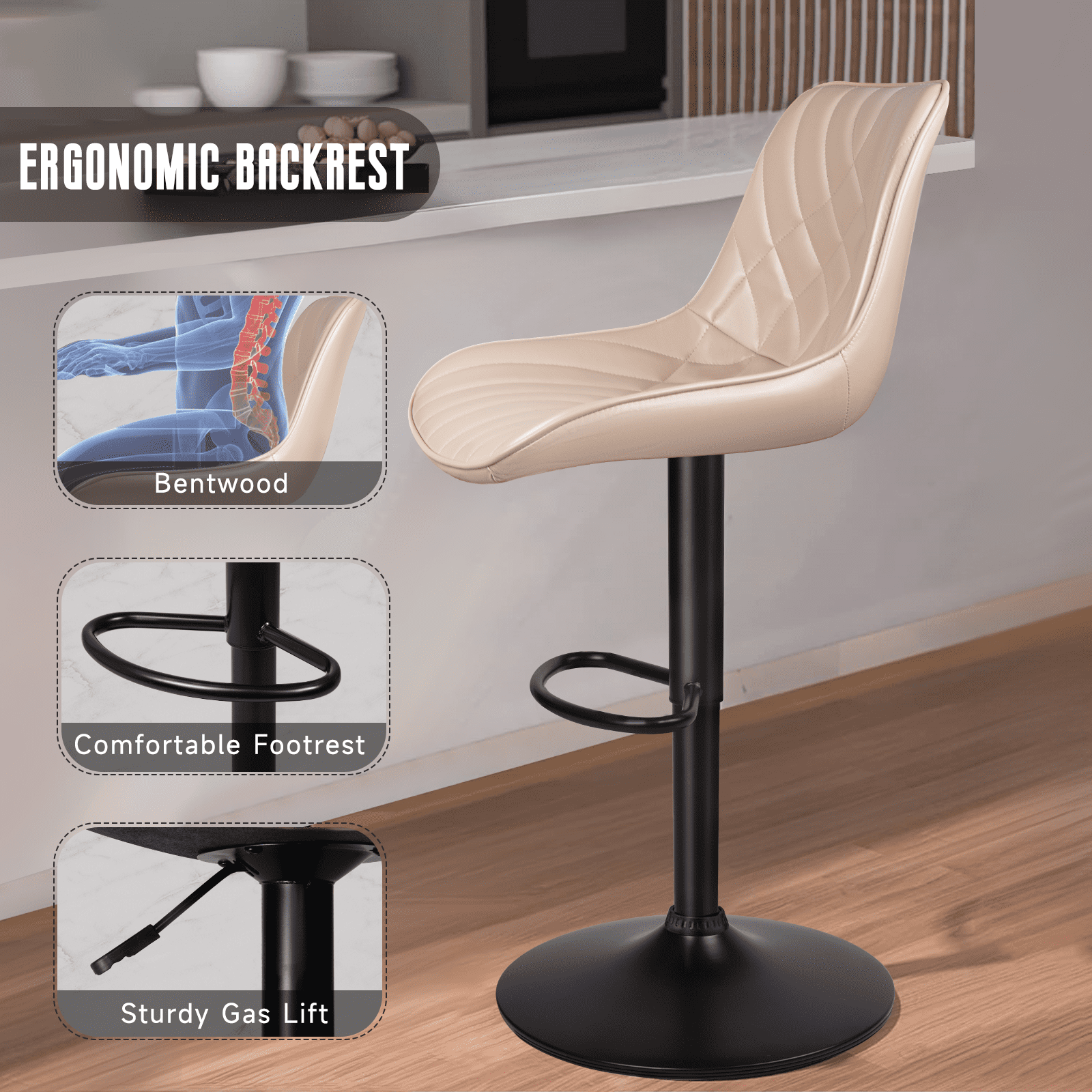 Waleaf Modern Bar Stools Set of 4, PU Leather Height Adjustable Swivel Barstools with Back