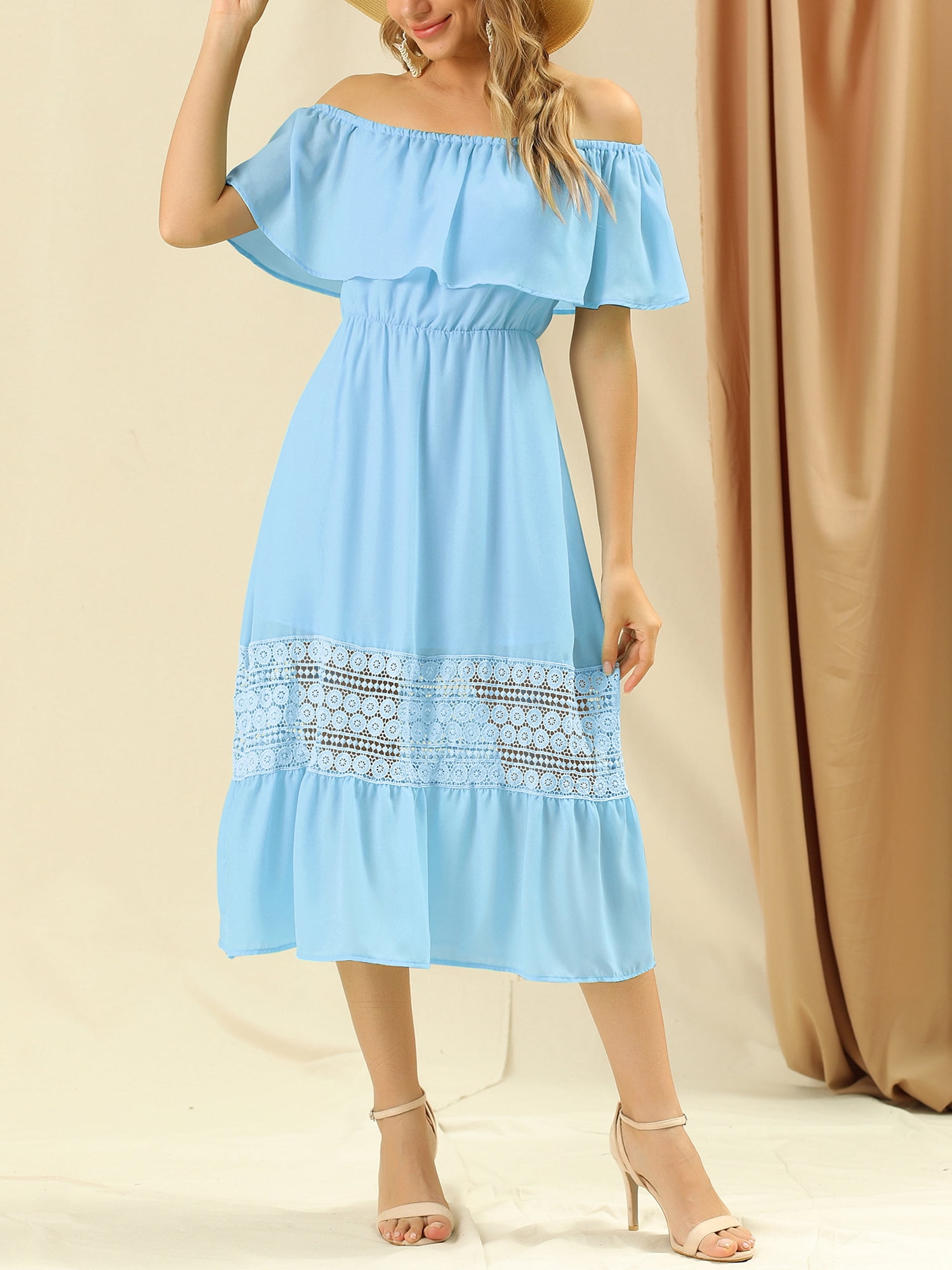 DARING DIVA Women's Off Shoulder Flutter Sleeve Maxi Dress XL Light Blue