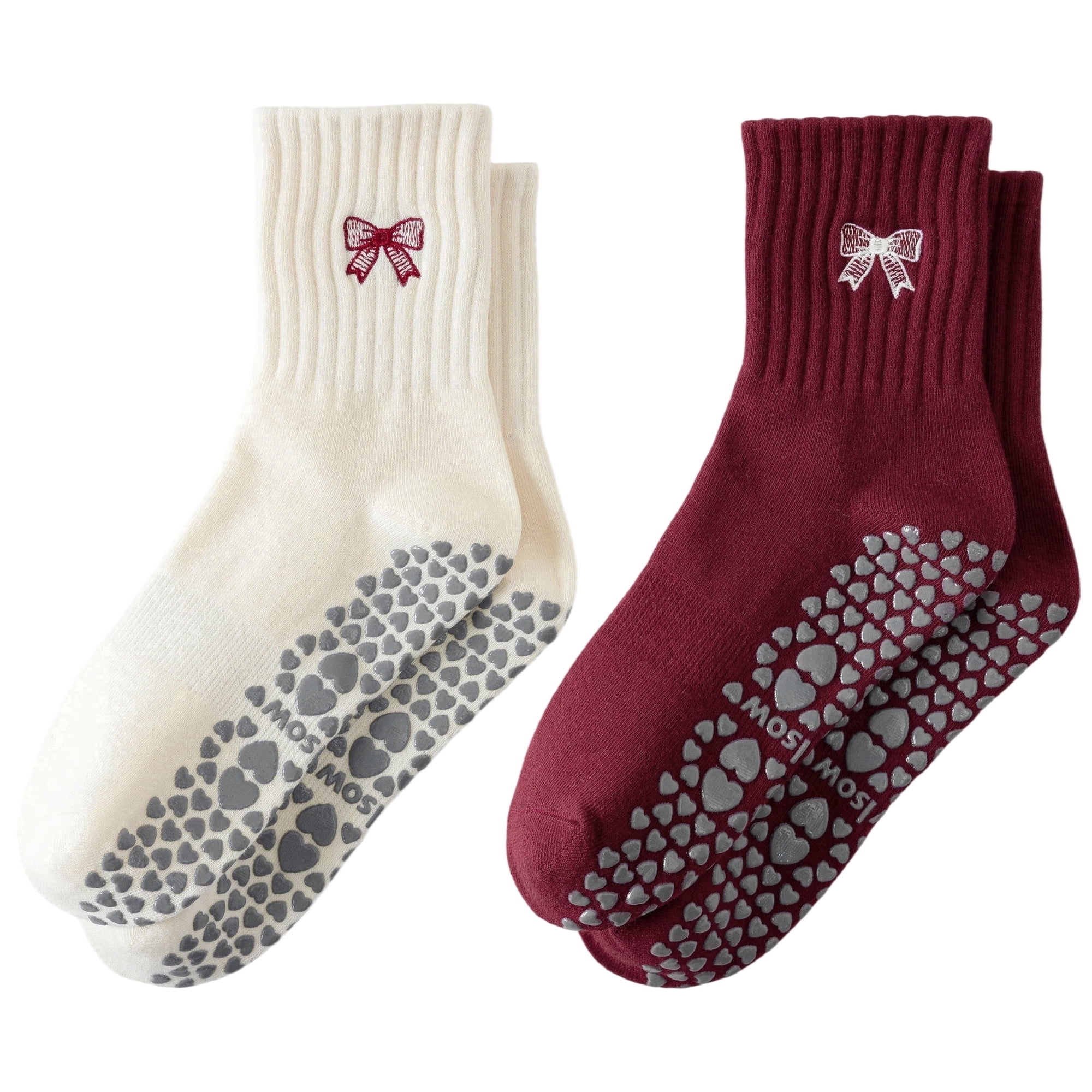 Yawlsow 2 Pairs Pilates Grip Socks for Women with Bow Embroidery, Grippy Yoga Socks for Barre Ballet Workout, Hospital, Size 5-10