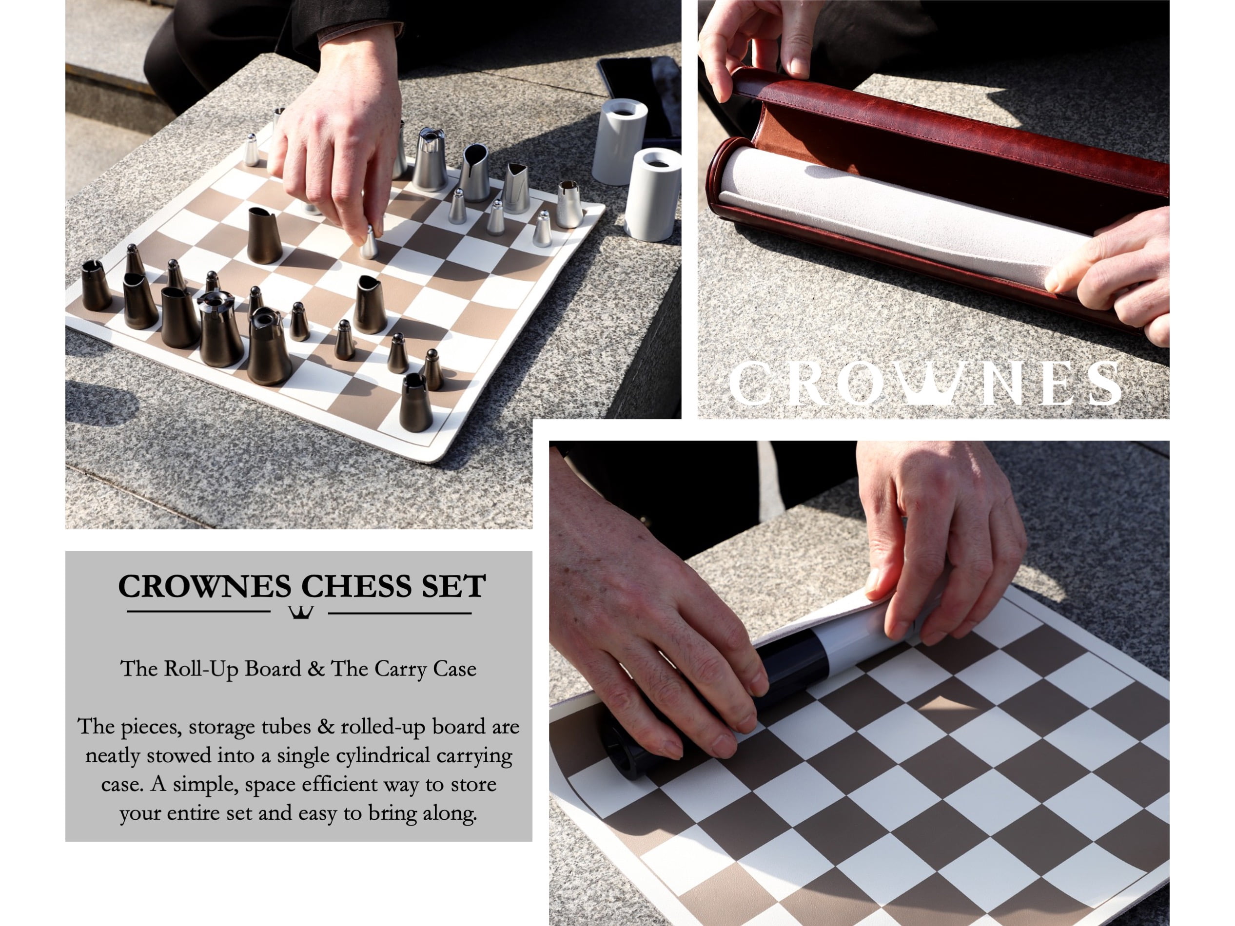 Crownes Chess Set – Compact Magnetic Travel Chess Game, Nesting Piece Design Modern, Portable, Roll-Up Storage Tube, Gift for Chess Enthusiasts & Travelers