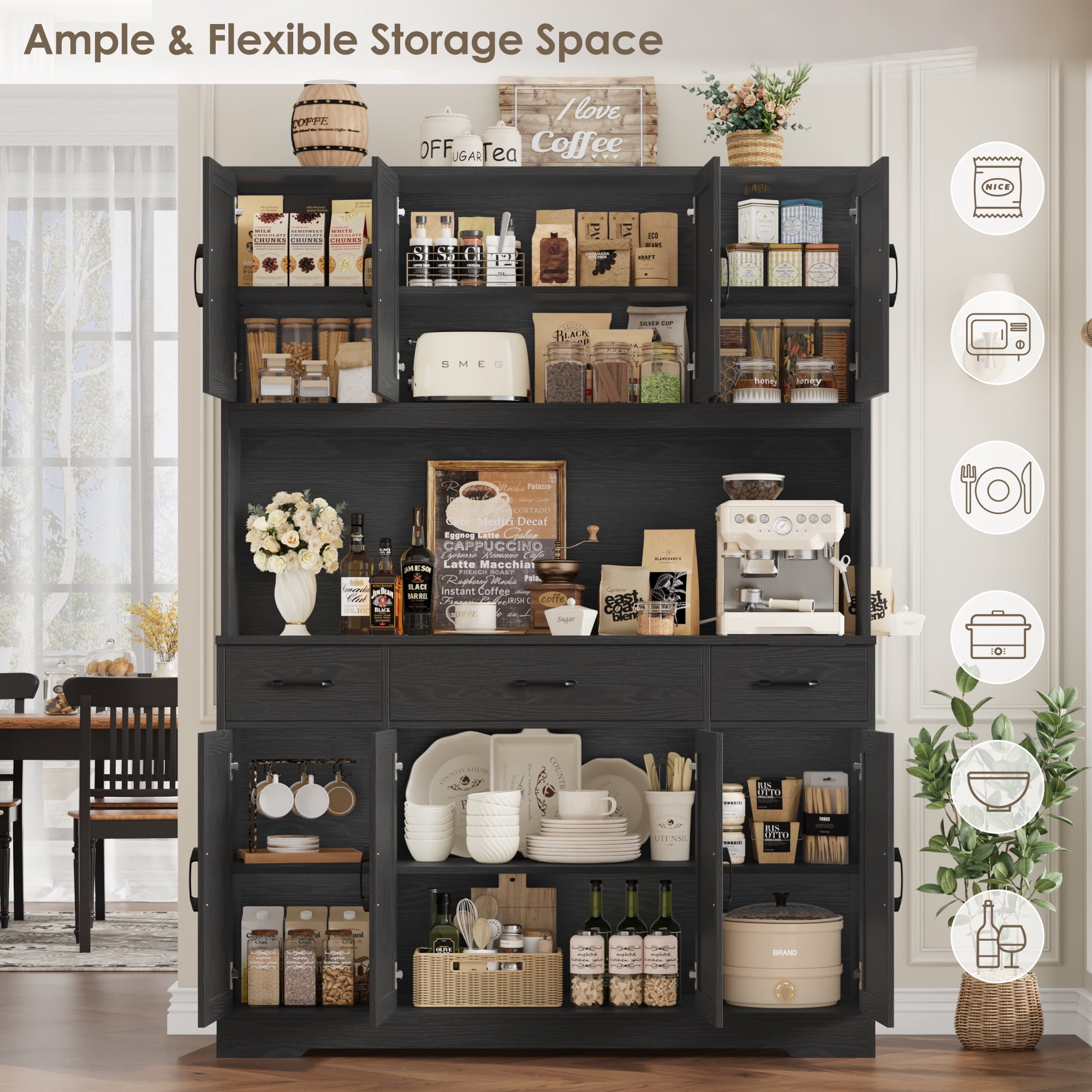 Homfa Kitchen Pantry with Hutch and Drawers, 71" Tall Storage Cabinet with 55" Wide Countertop and Built-In Power Outlet, Farmhouse Coffee Bar for Dining Room, Black Bark Grain