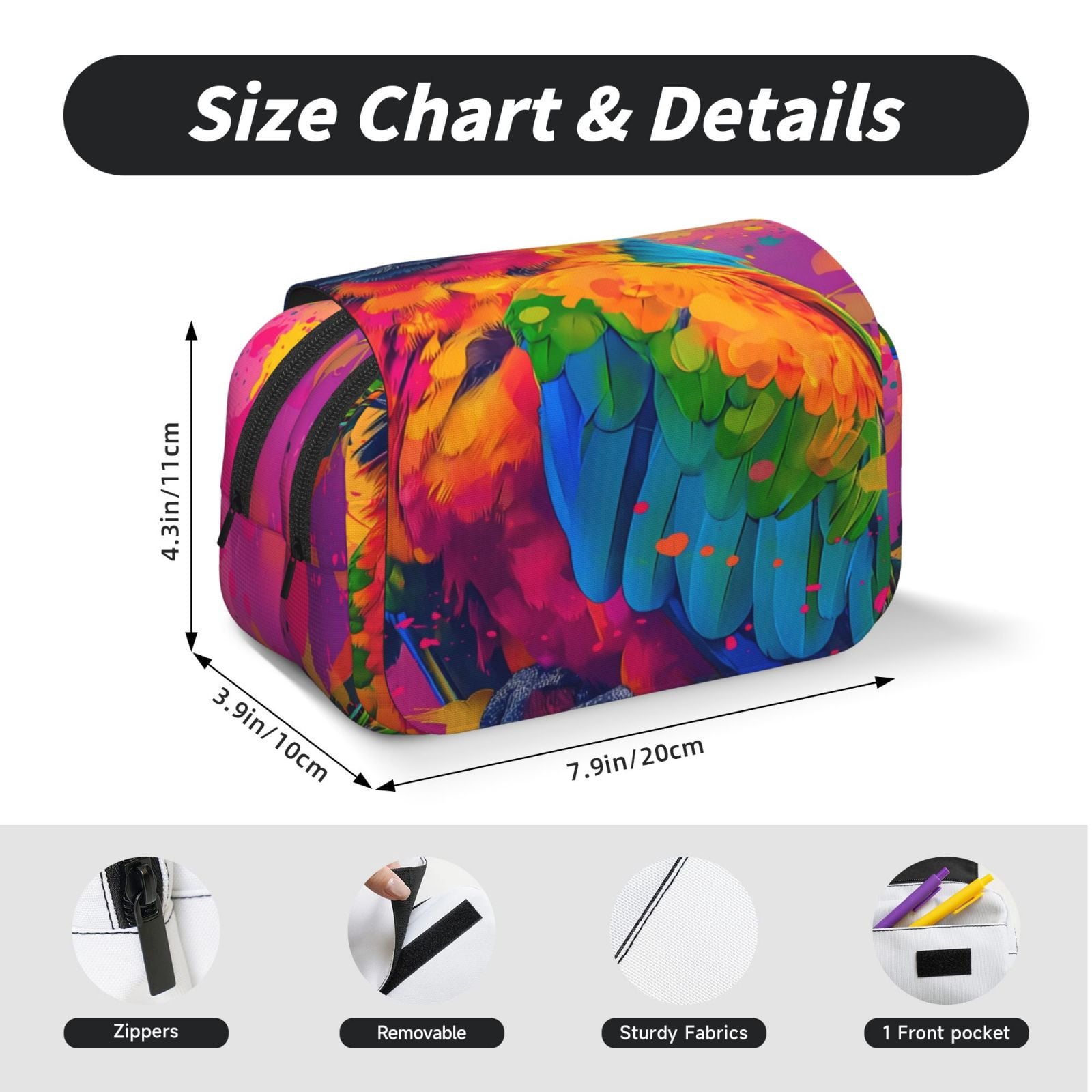 Rateoe Colorful Parrot Jungle Dream A Pattern Double Clamshell Pen Case, Storage Organizer with Two Zipper Compartments– Holds Up to 50 Pencils & Pens
