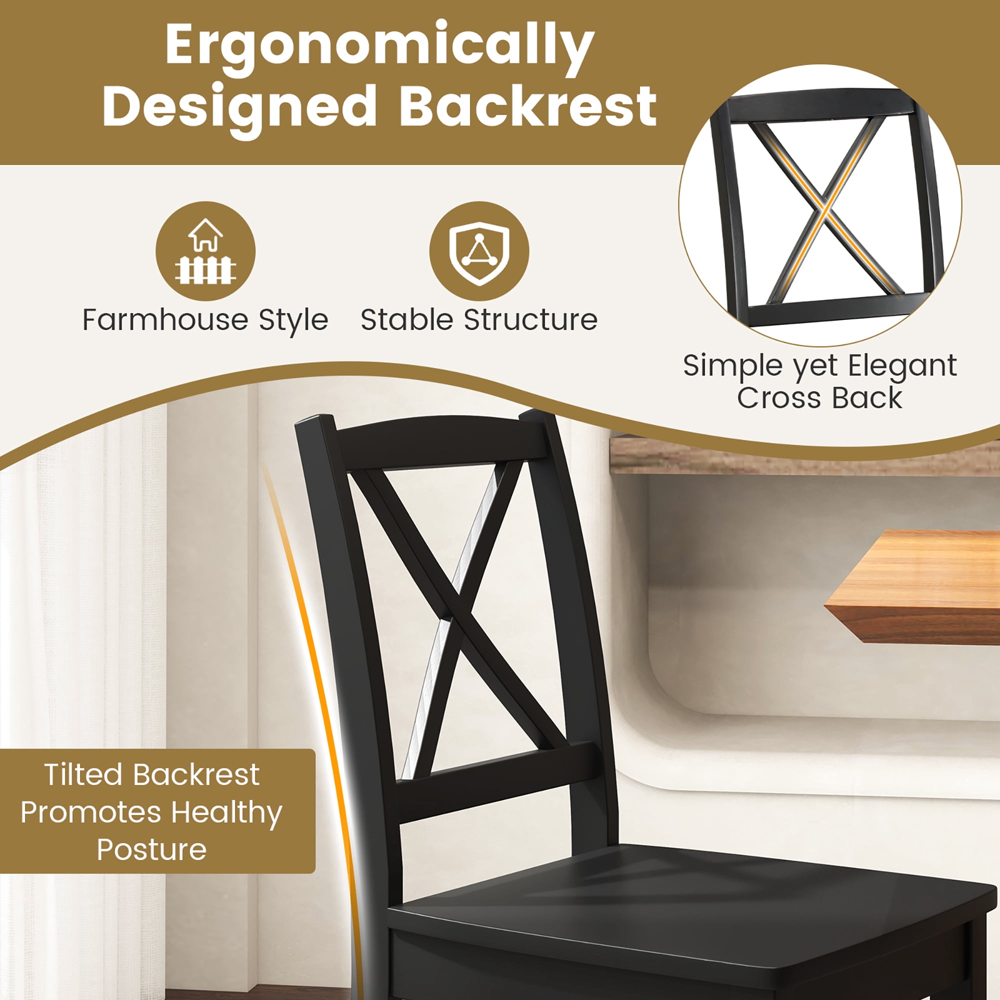 Gymax Dining Chair Set of 4 Kitchen Side Chairs w/ Rubber Wood Legs & Cross Back Black