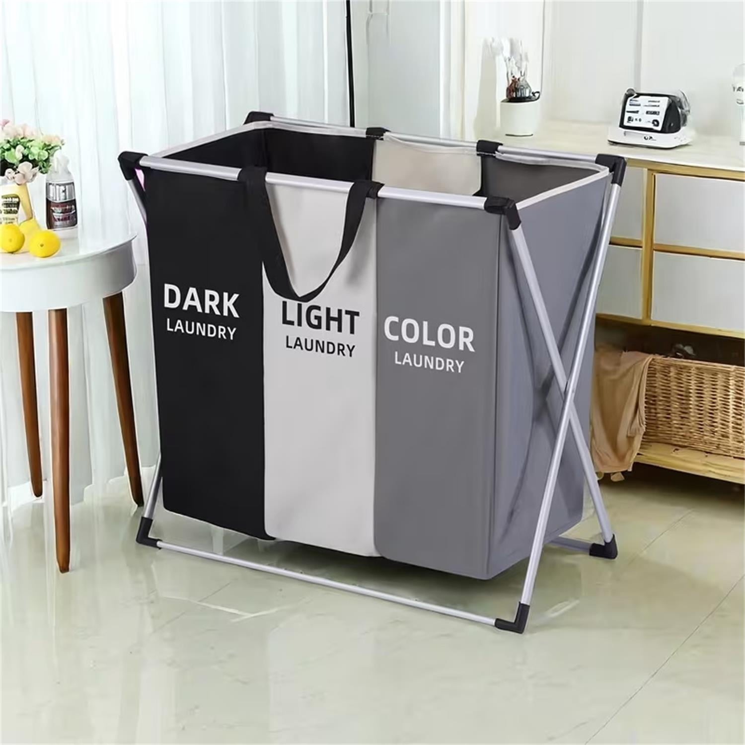 SROEDTY Collapsible Laundry Basket, 3-Compartment Freestanding Clothes Hamper with Reinforced Handles, Large Capacity Waterproof for Laundey Room, Living Room