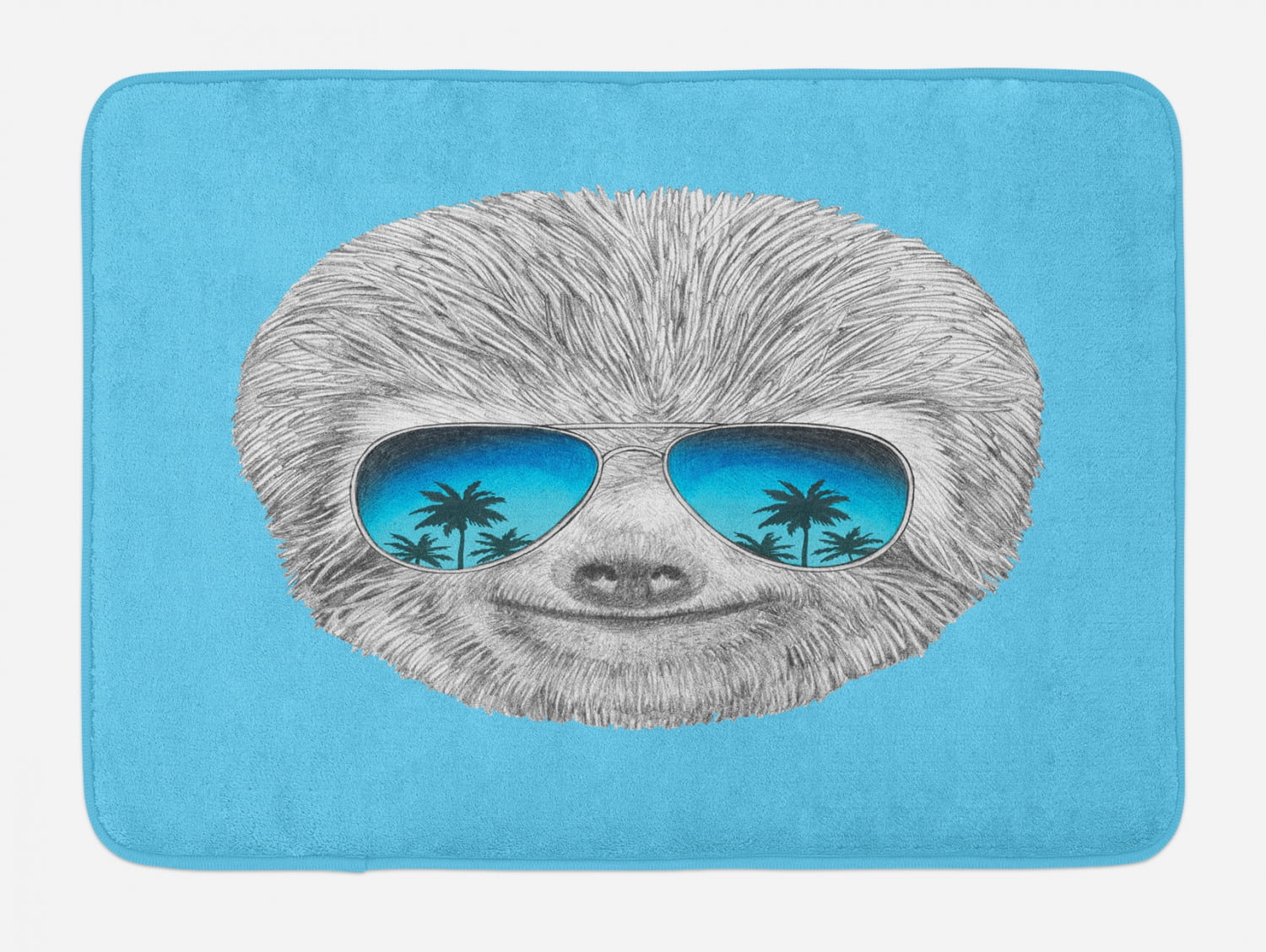 Sloth Bath Mat, Portrait of Sloth with Mirror Sunglasses Exotic Palm ...