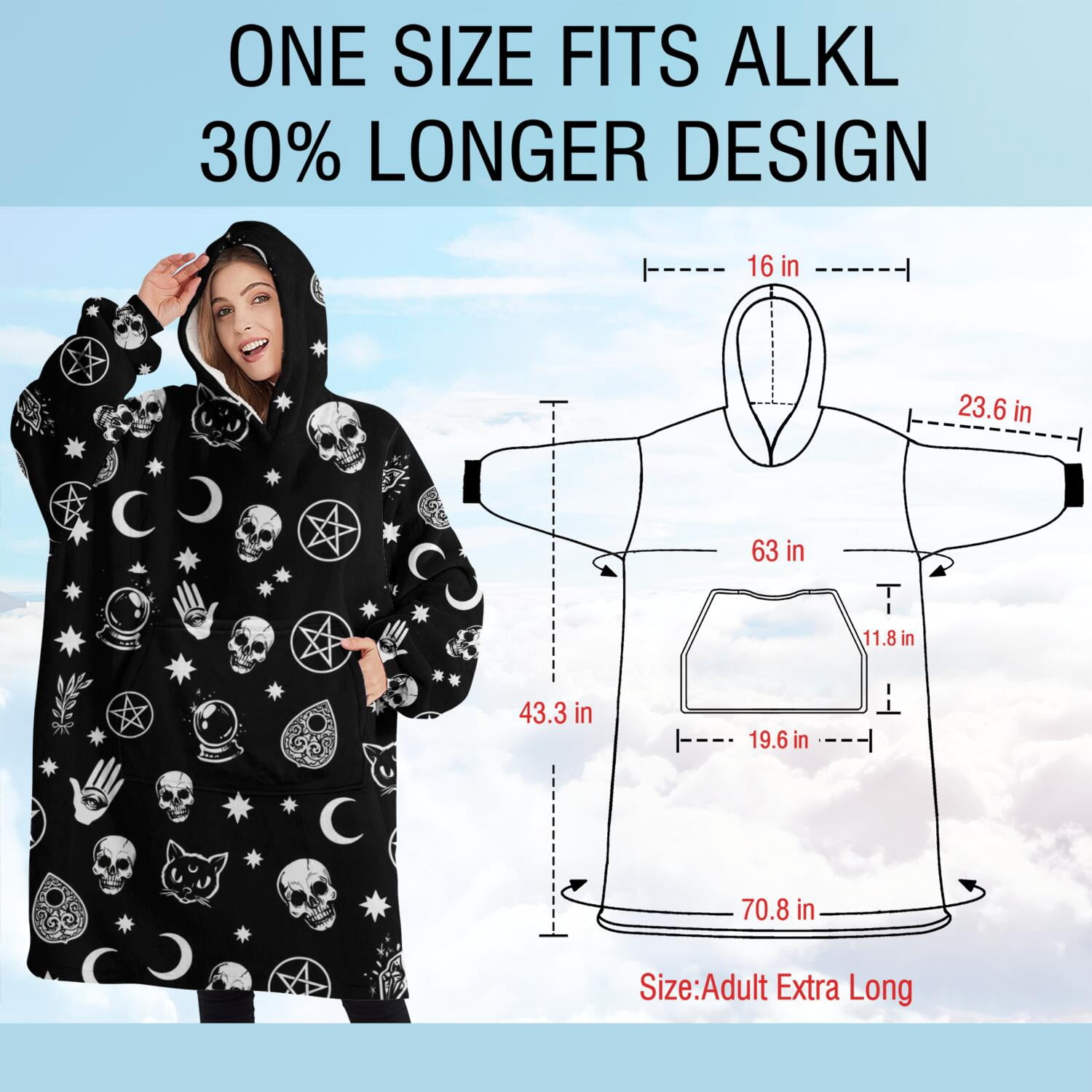 Oversized Wearable Blanket Hoodie,Black Gothic Skull Star Pattern Sherpa Blanket Hoodie with Super Pockets,Super Warm Fuzzy Pullover for Women & Men
