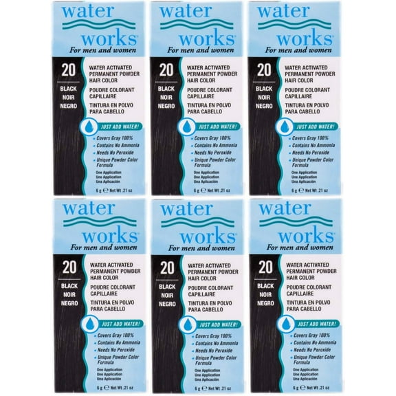 Water Works Permanent Powder Hair Color #20 Black (6 Pack)