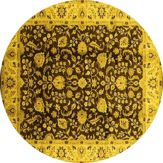 Ahgly Company Machine Washable Indoor Round Oriental Yellow Industrial Area Rugs, 3' Round