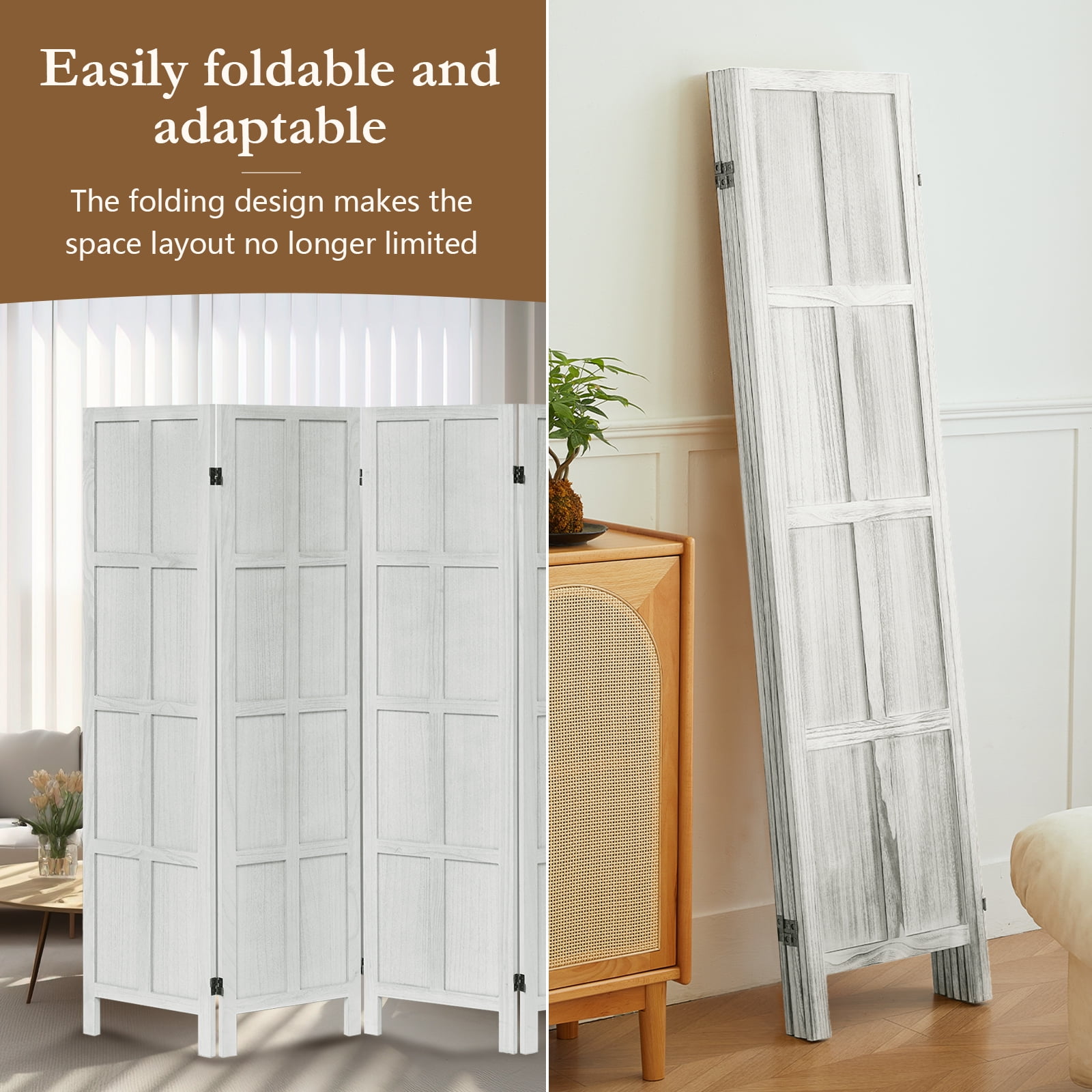 Aletheiawu 4 Panel Room Divider Wall and Folding Privacy Screens，No Installation Required，White