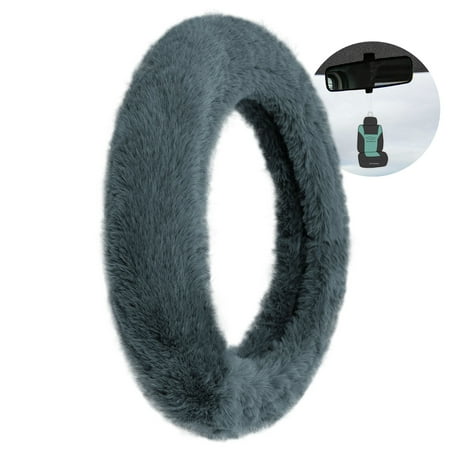 FH Group AFFH2016GRAY Gray Doe16 Faux Rabbit Fur Steering Wheel Cover With Air Freshener