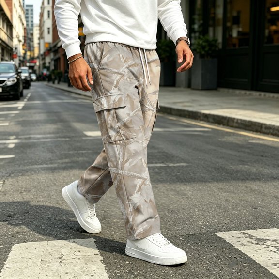 UDAUDU Mens Cargo Pants Athletic Hiking Drawstring Elastic Waist Trousers Outdoor Fall Lightweight Sweatpants with Pockets Beige S
