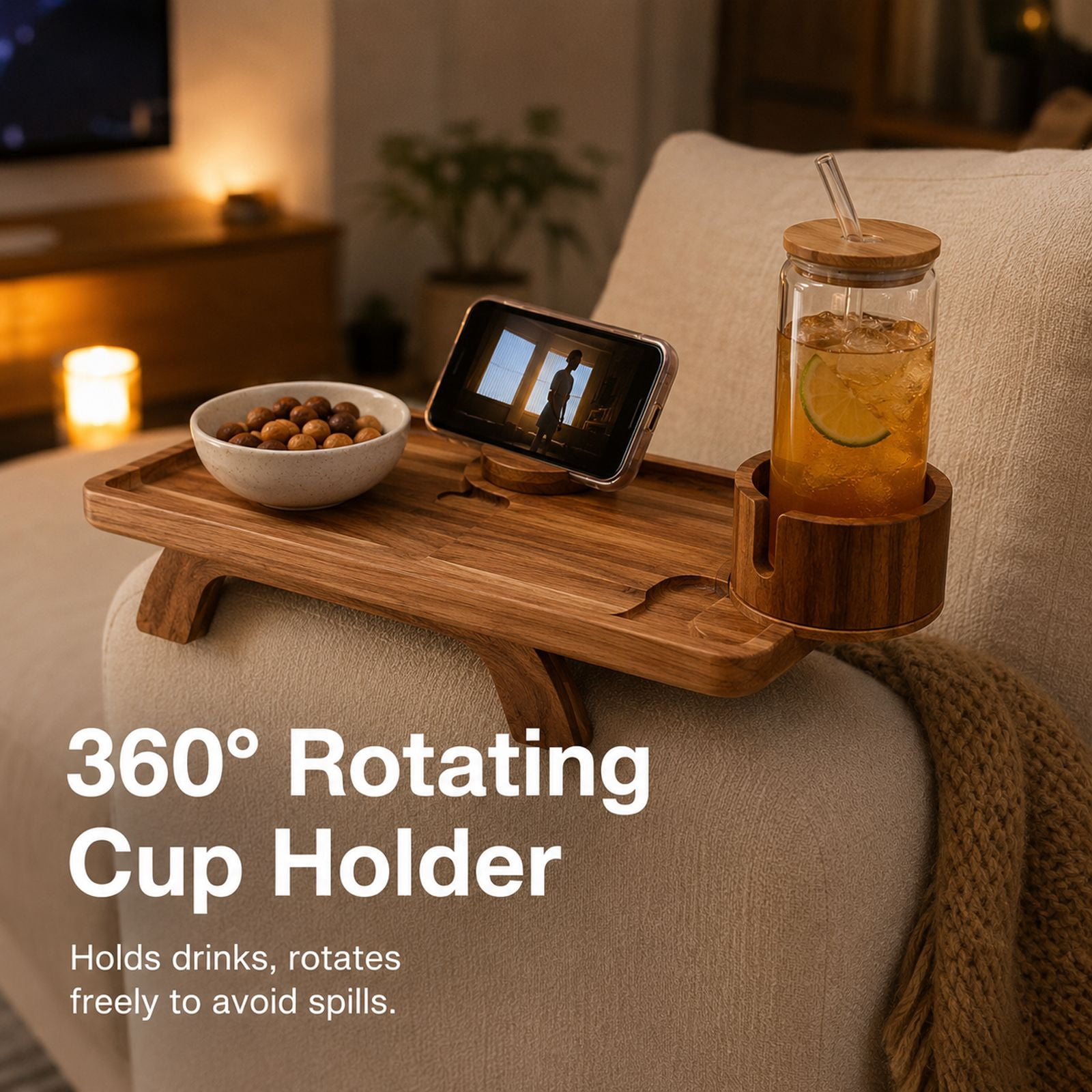 Alvantor Large Acacia Wood Sofa Arm Tray with 360° Rotation and Phone Holder