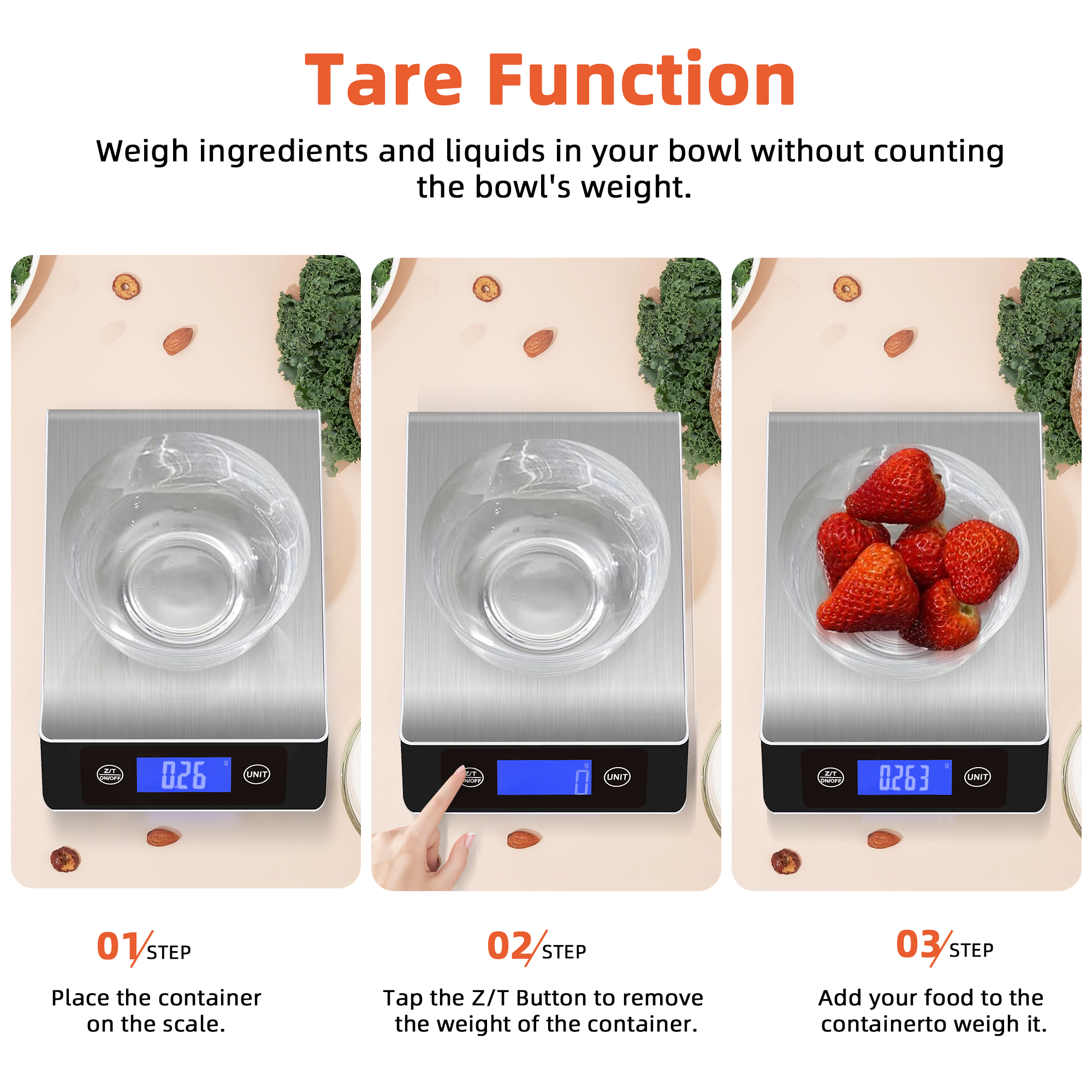 Food Scale, Kitchen Scale, MULISOFT Food Scales for Kitchen, LCD Display in Grams, Ounces, Pounds, Kilogram, Milliliter, Stainless Steel, 7 Units with Tare Function