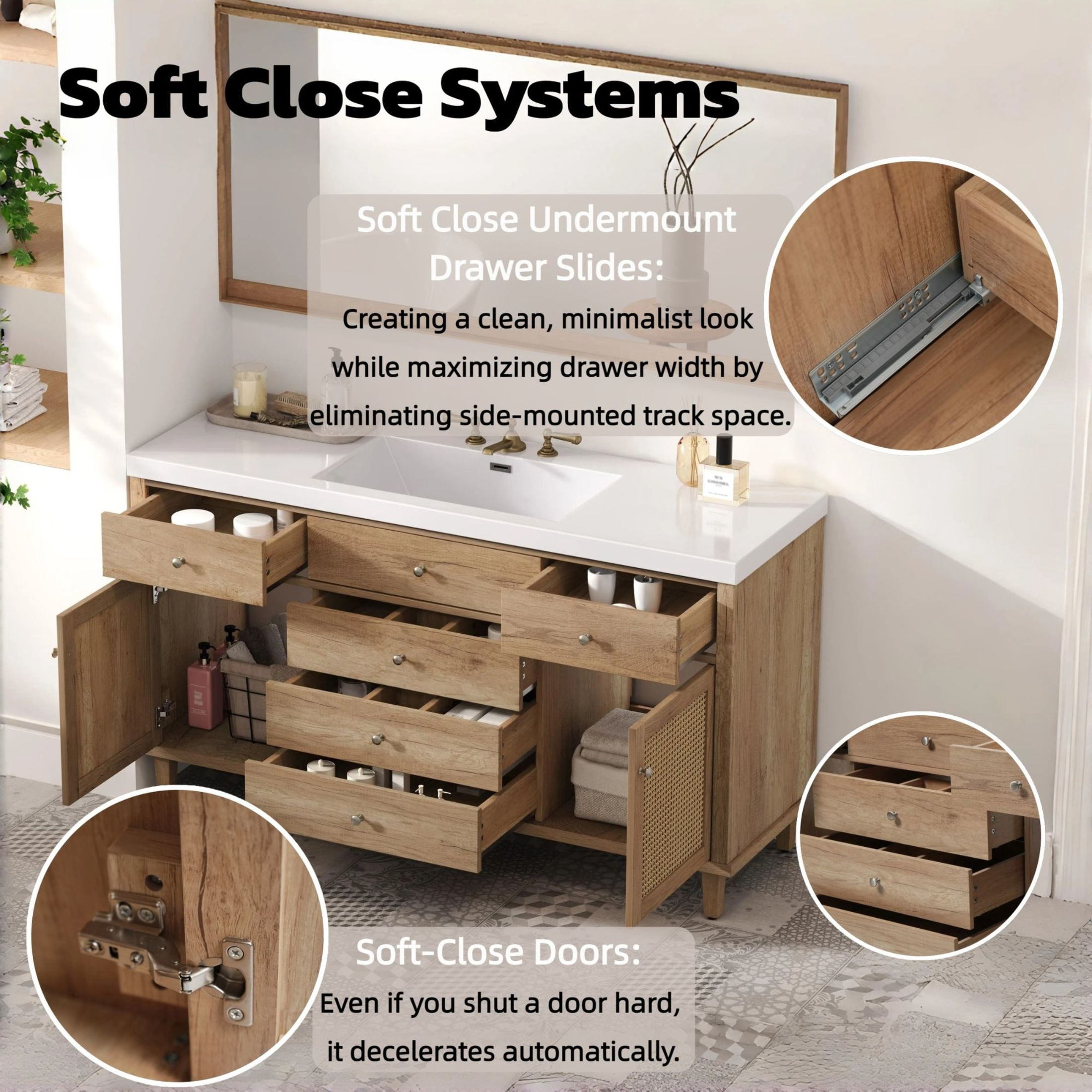 Christopher Knight Home 60" Bathroom Vanity with SMC Sink, Storage Cabinet and Drawers, Wood Frame, Antique Natural