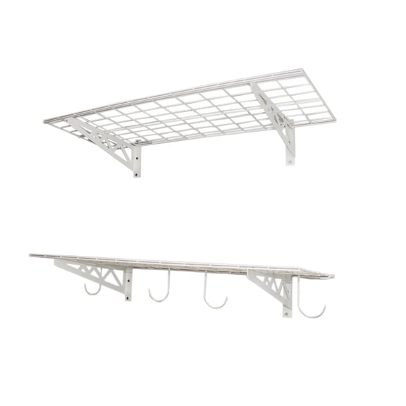 SafeRacks 18 x 36 Inch Garage Wall Shelf Two-Pack with Bike Tire Hooks, White