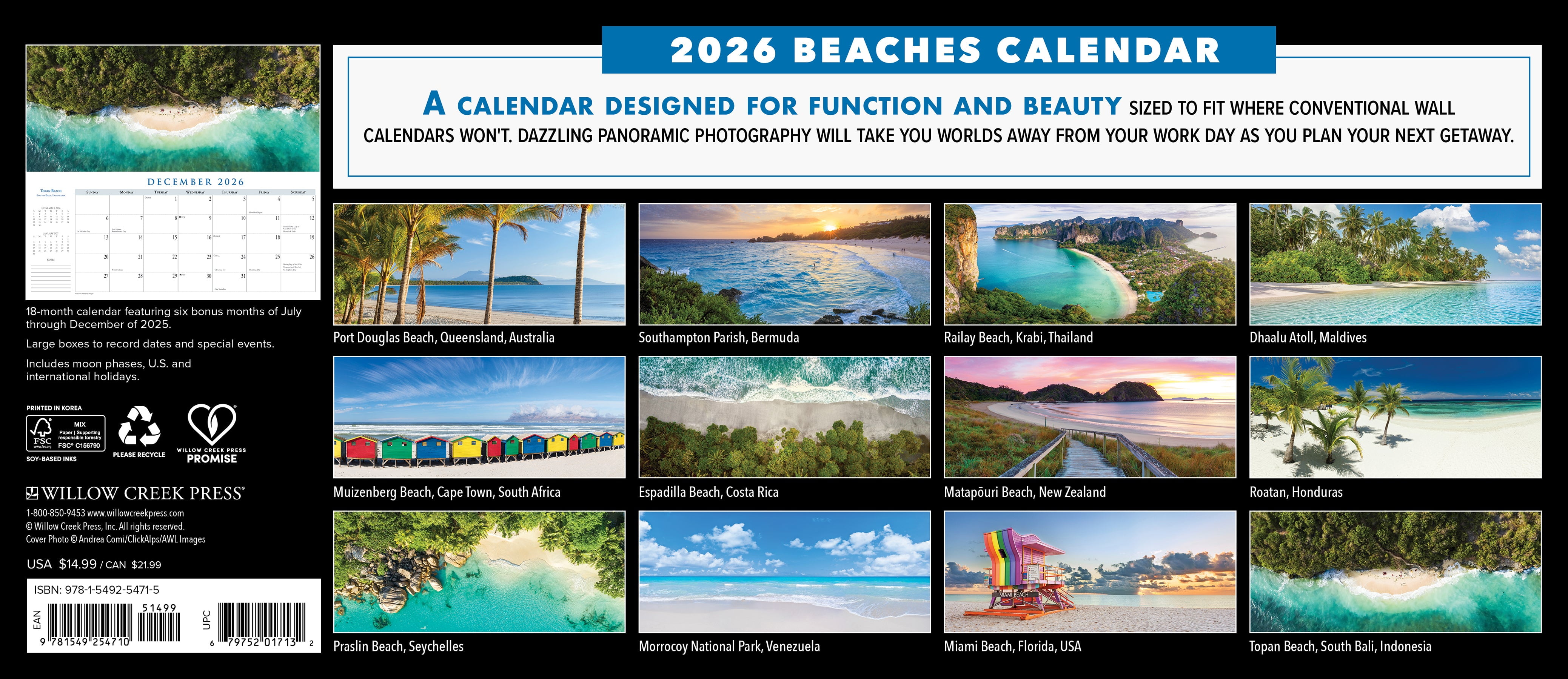 Beaches 2026 Panoramic 15 X 6.5 Wall Calendar, (Hardcover)