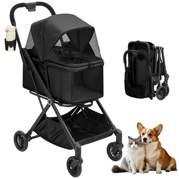 4-Wheel Lightweight Dog Stroller - Foldable Pet Stroller for Cats & Small to Medium Dogs Up to 50 Lbs, with 360° Swivel Wheels, Foot Brake, Weather & Escape Proof Design