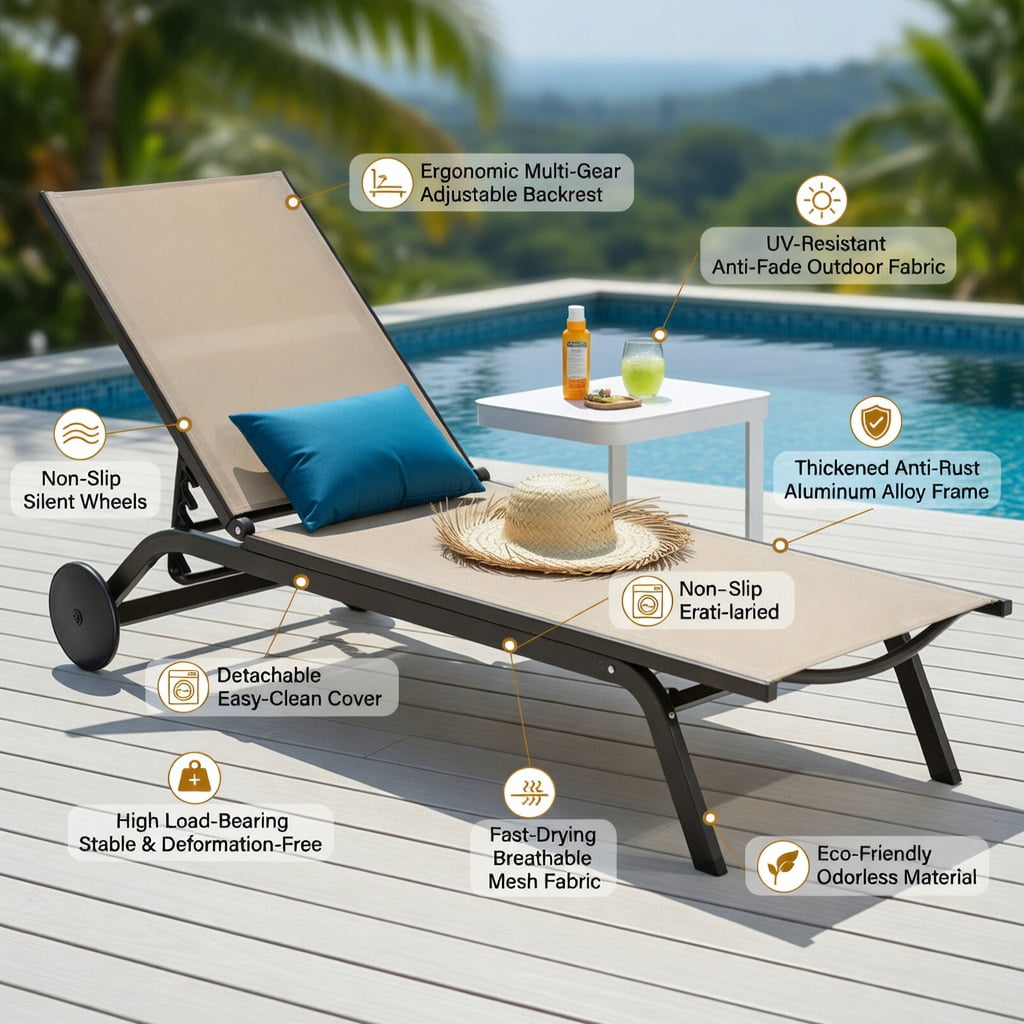 Hommoo Adjustable Aluminum Outdoor Lounge Chair, Breathable Fabric Recliner for Patio, Poolside & Backyard, Brown