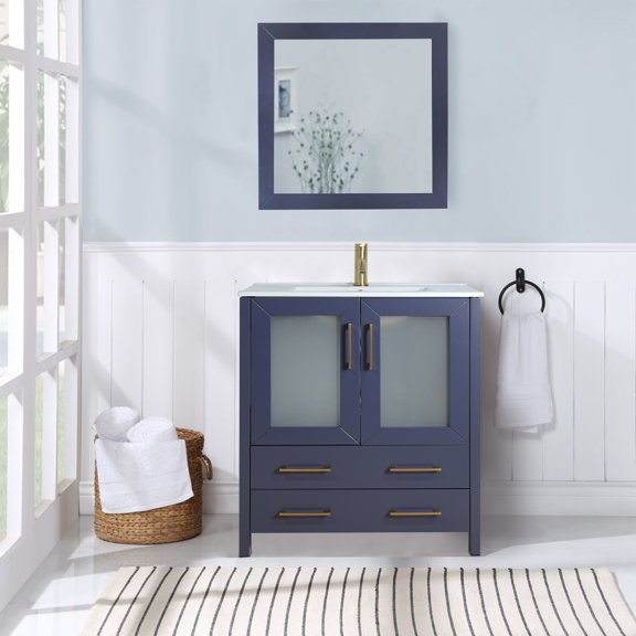 Vanity Art 36 Inch Single Sink Modern Bathroom Vanity Compact Set 1 Cabinet 1 Shelf 2 Dove-Tailed Drawers Ceramic Top Bathroom Cabinet with Free Mirror VA3036B