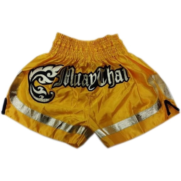 Woldorf USA MMA Boxing Muay Thai Shorts in Satin Royal Yellow Gold cutt Letters Martial Arts, Sparring Fitness Gym Equipment Grappling Shorts, Kickboxing, Fighting Shorts