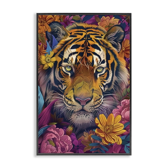 Stupell Industries Peering Tiger Through Flowers Animals Painting Black Framed Art Print Wall Art, 12 x 18