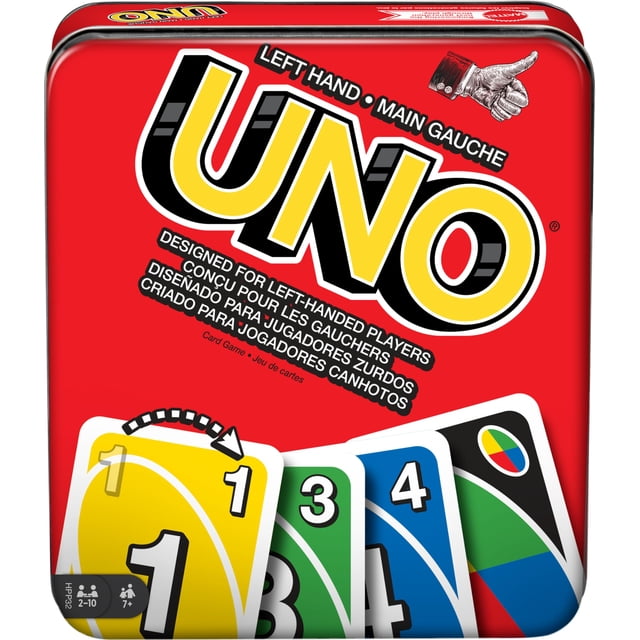 Juego de cartas Mattel Games UNO para familiares zurdos con caja de hojalata